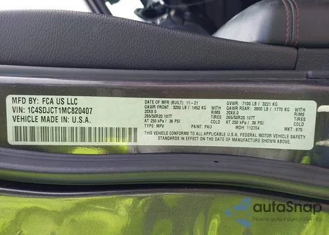 2021 Dodge Durango R/T Awd из США, поврежденный, VIN 1C4SDJCT1MC820407